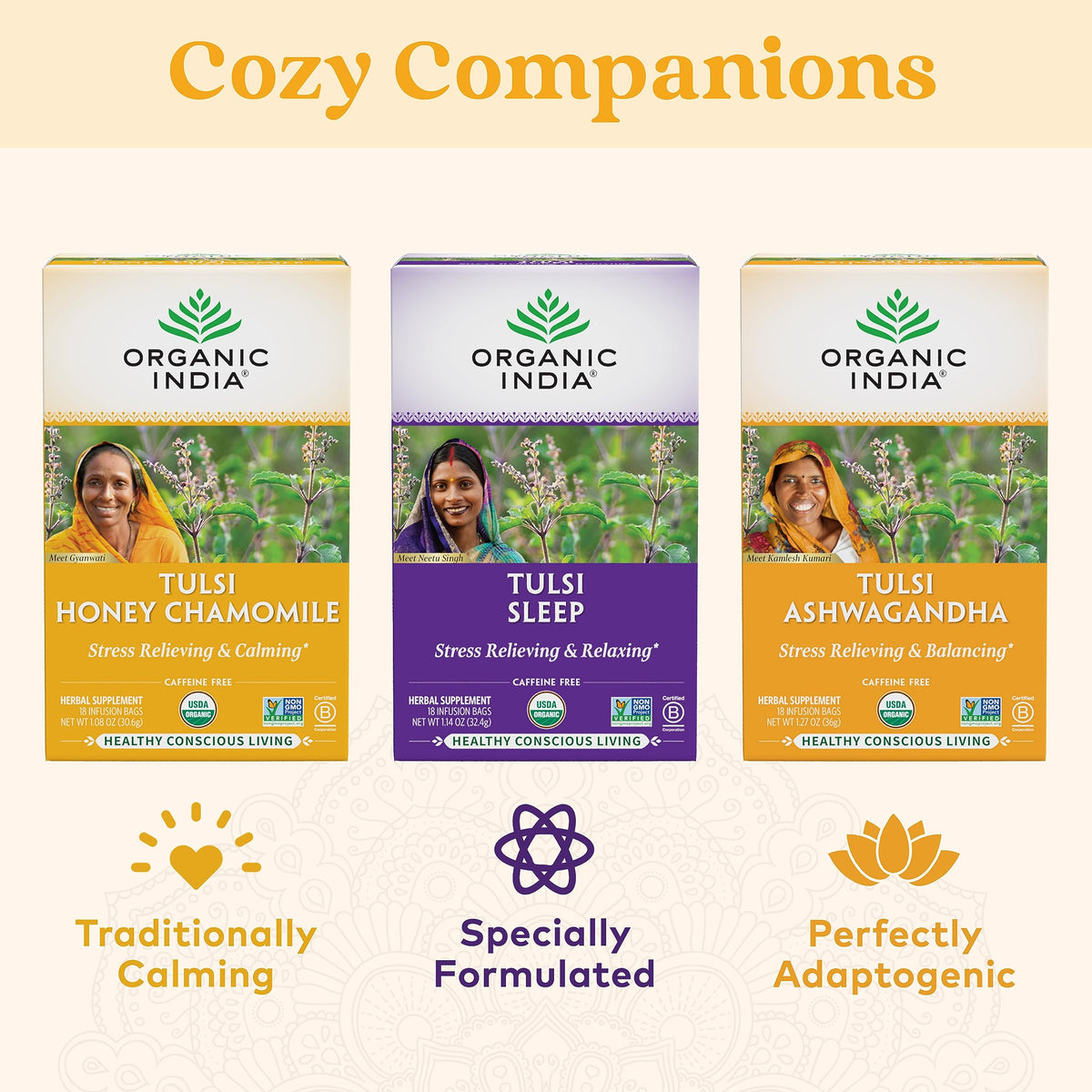 Organic India Iced Tulsi Tea Bags Variety Pack – Tulsi Ashwaganda, Sleep, Honey Chamomile | Caffeine-Free, USDA Organic, Non-GMO, 18 Infusion Bags x3