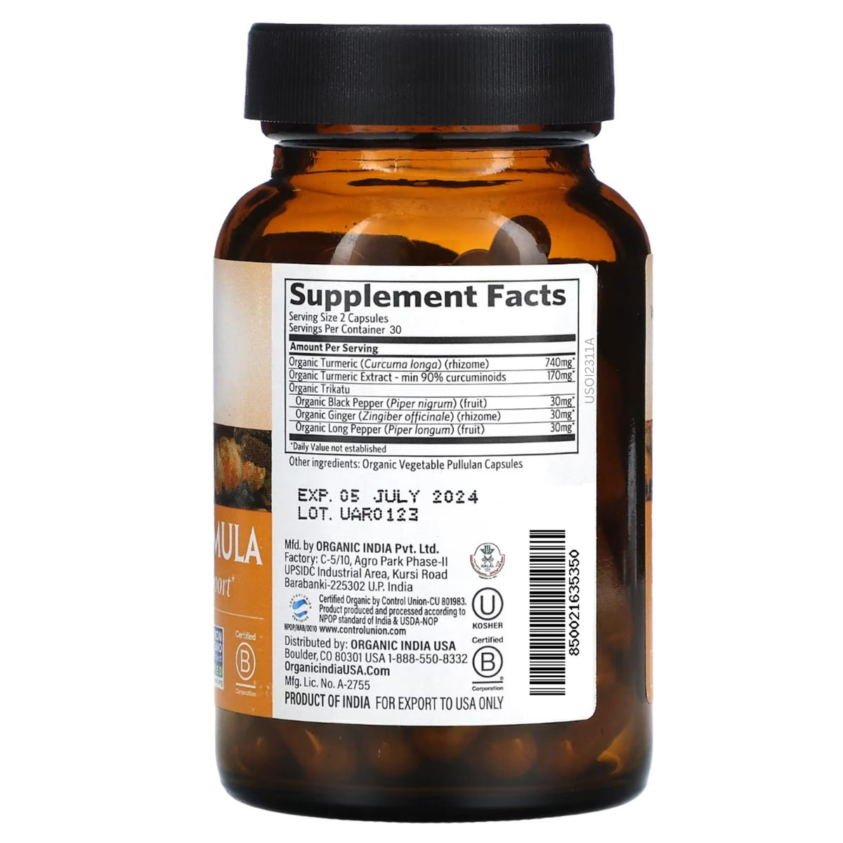 Organic India Turmeric Curcumin with Black Pepper – Whole Root Turmeric & 60 Capsules