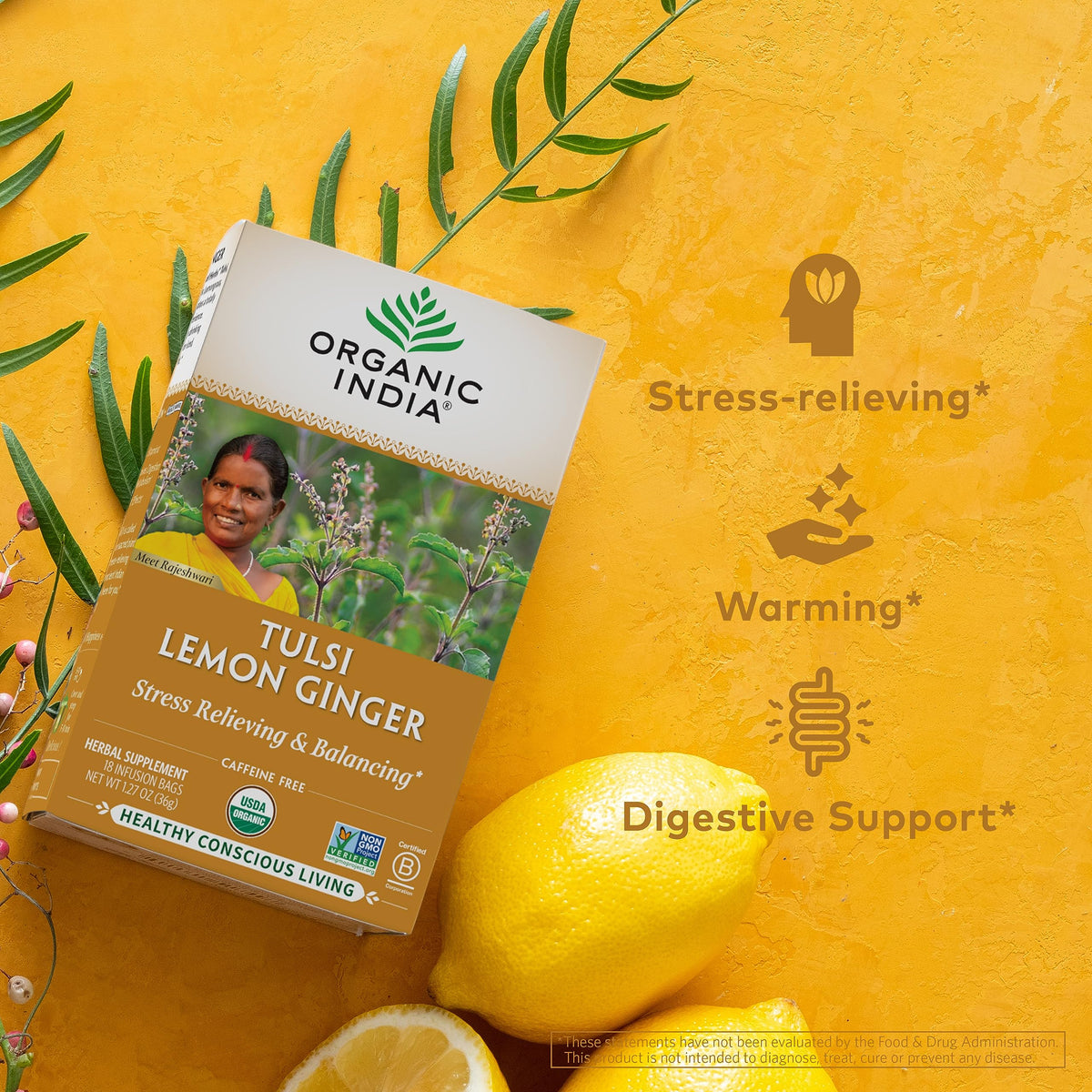 Organic India Tulsi Lemon Ginger Tea Bags — Caffeine-Free, Organic, 3 Pack (18 Infusions)