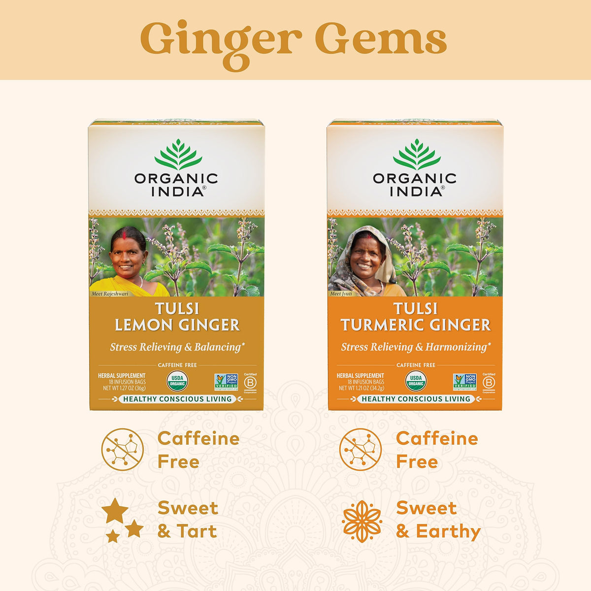 Organic India Tulsi Lemon Ginger Tea Bags — Caffeine-Free, Organic, 3 Pack (18 Infusions)