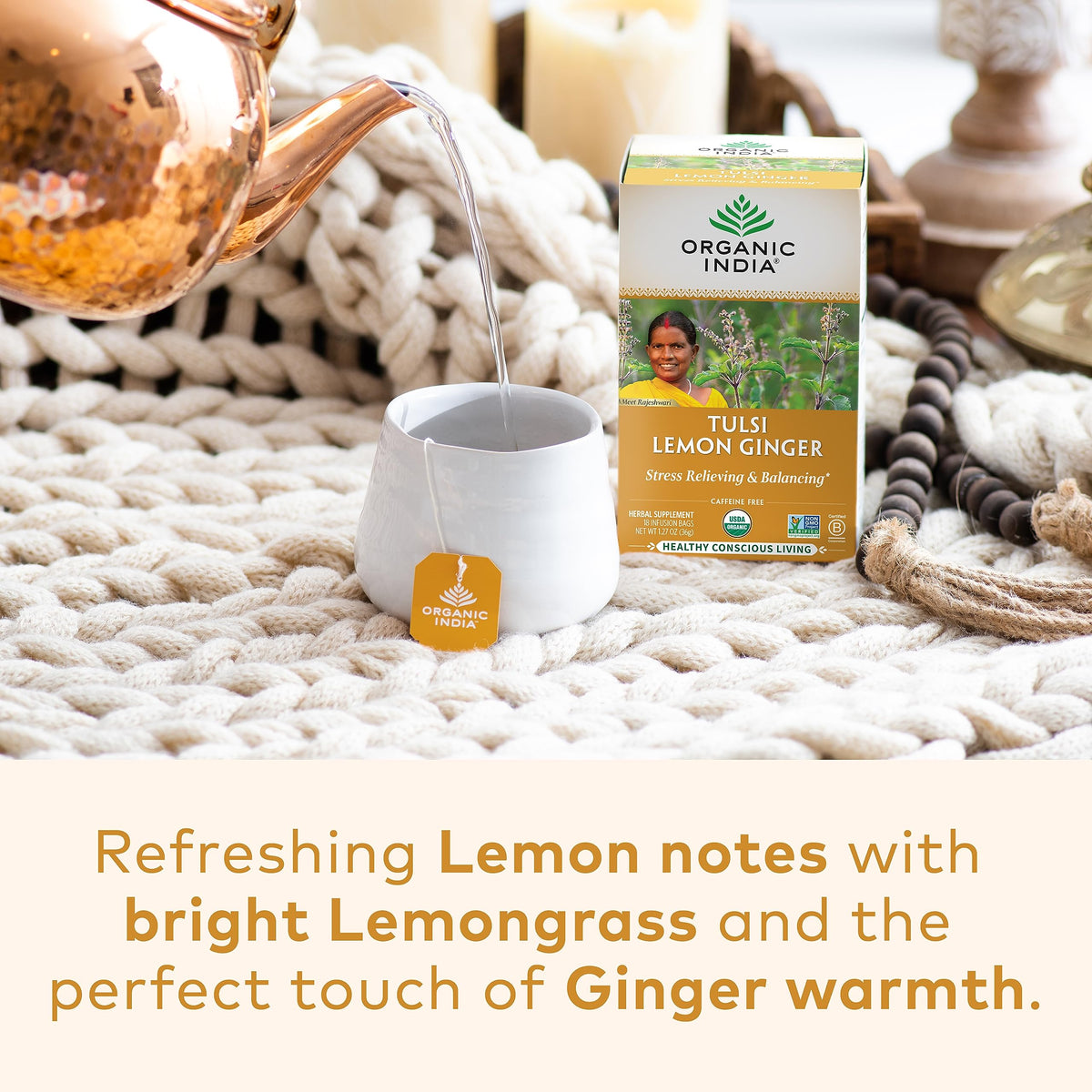 Organic India Tulsi Lemon Ginger Tea Bags — Caffeine-Free, Organic, 3 Pack (18 Infusions)