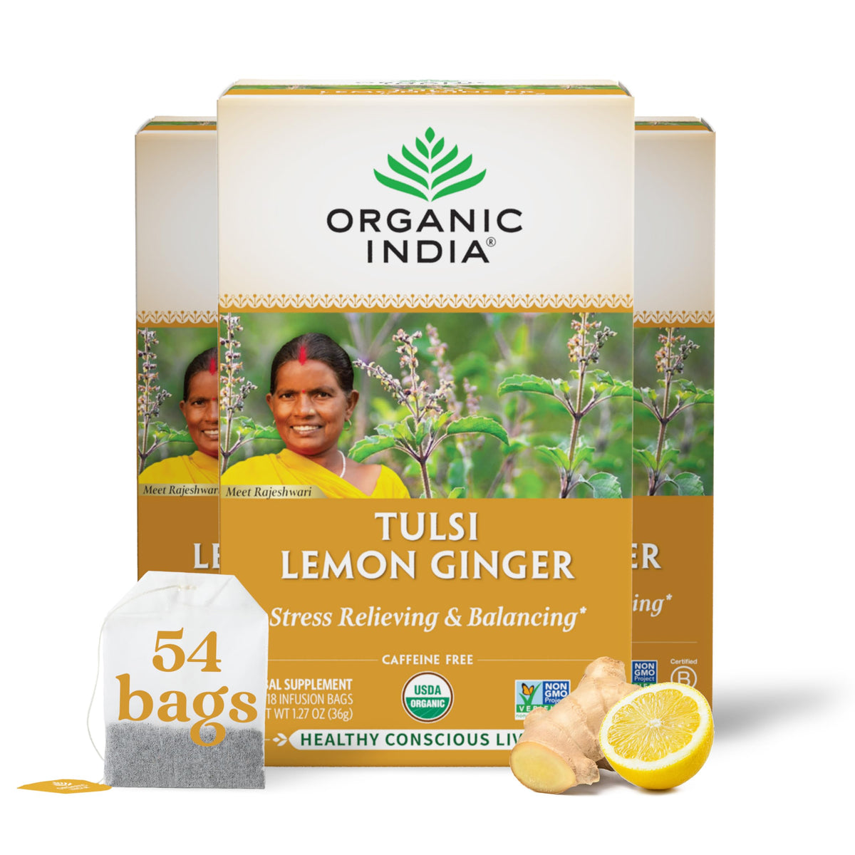 Organic India Tulsi Lemon Ginger Tea Bags — Caffeine-Free, Organic, 3 Pack (18 Infusions)