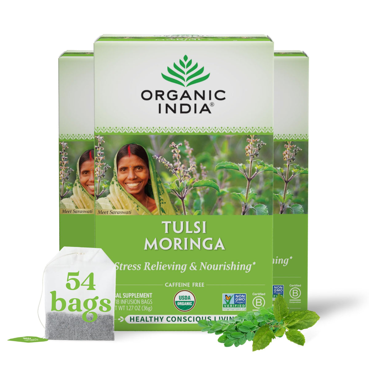 ORGANIC INDIA Tulsi Moringa Tea Bags – Calming, Caffeine-Free, USDA Organic