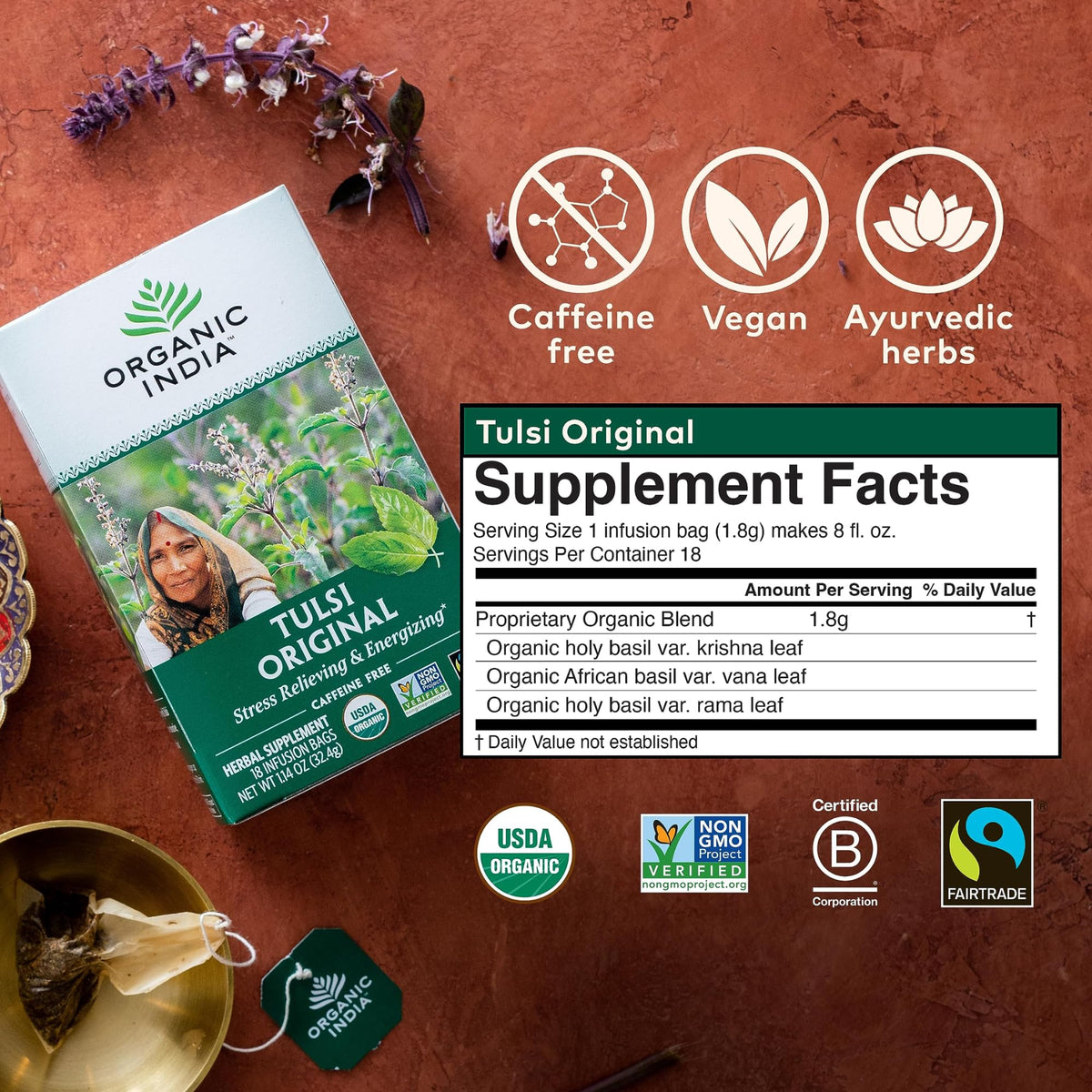 ORGANIC INDIA Tulsi Original Herbal Tea - Calming Tulsi Blend, Caffeine-Free, Immune Support, 3-Pack (18 Bags)