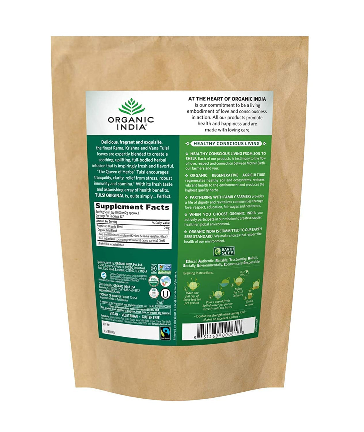 Organic India Tulsi Original Loose Leaf Tea – Immune Support, Caffeine-Free, 1 lb Bag