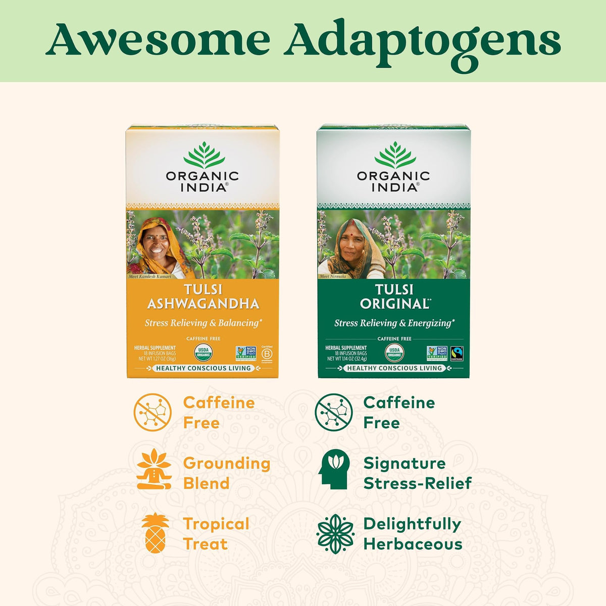 ORGANIC INDIA Tulsi Original Herbal Tea - Calming Tulsi Blend, Caffeine-Free, Immune Support, 3-Pack (18 Bags)