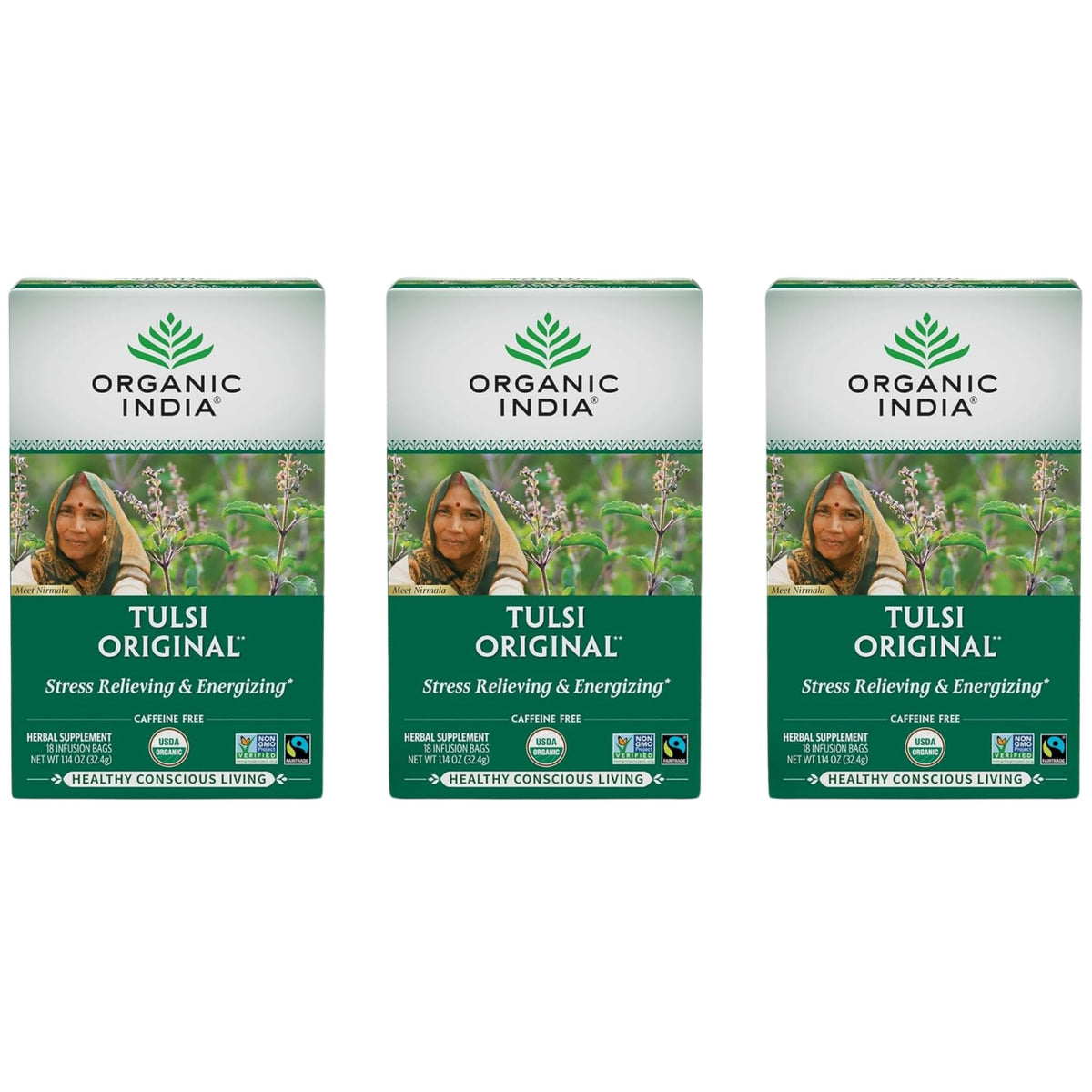 ORGANIC INDIA Tulsi Original Herbal Tea - Calming Tulsi Blend, Caffeine-Free, Immune Support, 3-Pack (18 Bags)