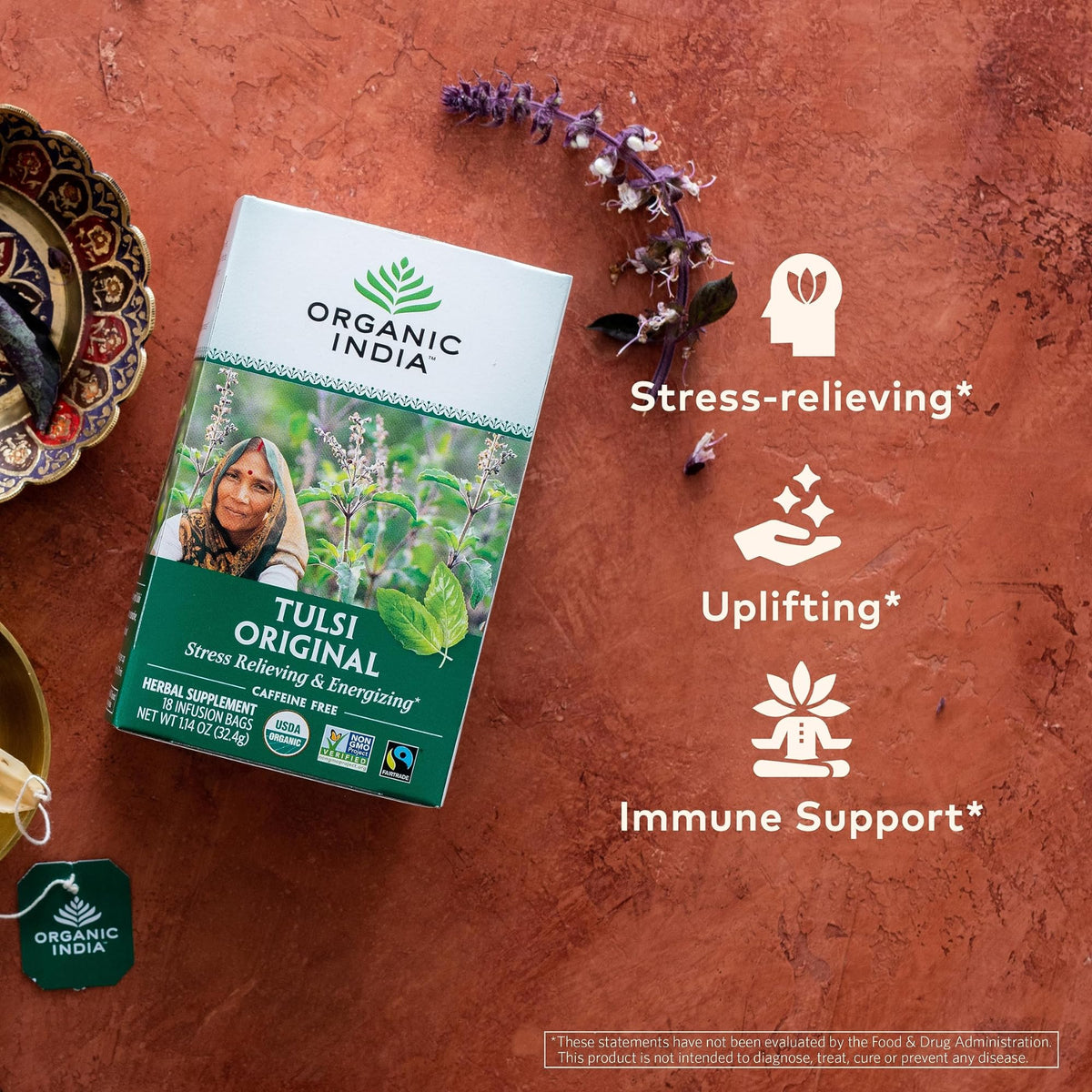 ORGANIC INDIA Tulsi Original Herbal Tea - Calming Tulsi Blend, Caffeine-Free, Immune Support, 3-Pack (18 Bags)