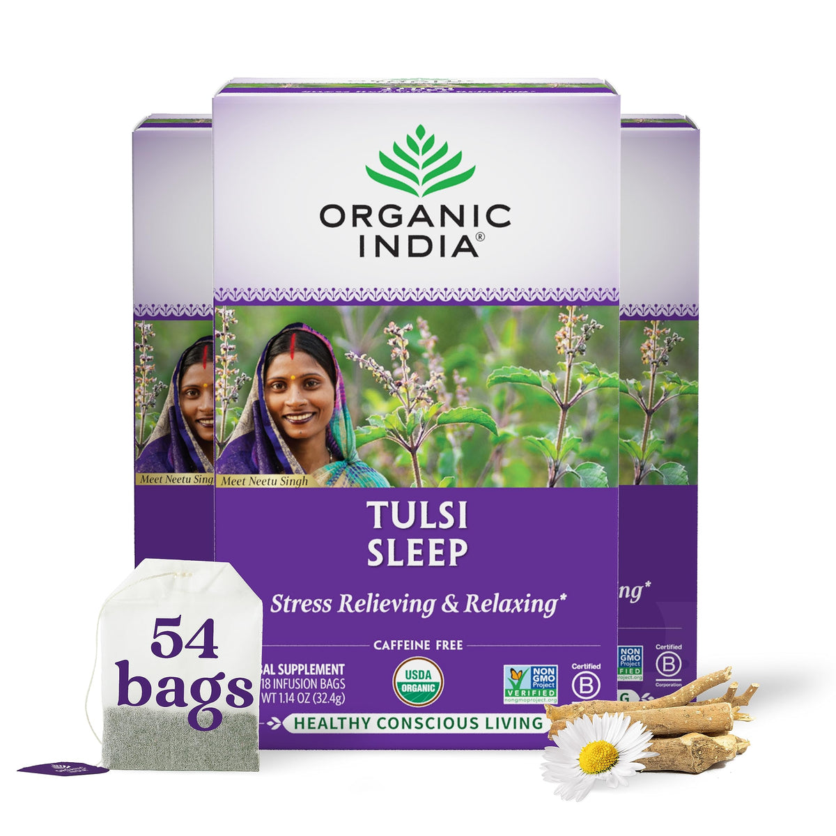 Organic India Tulsi Sleep Tea – Caffeine-Free Bedtime Herbal (18 Bags, 3 Pack)