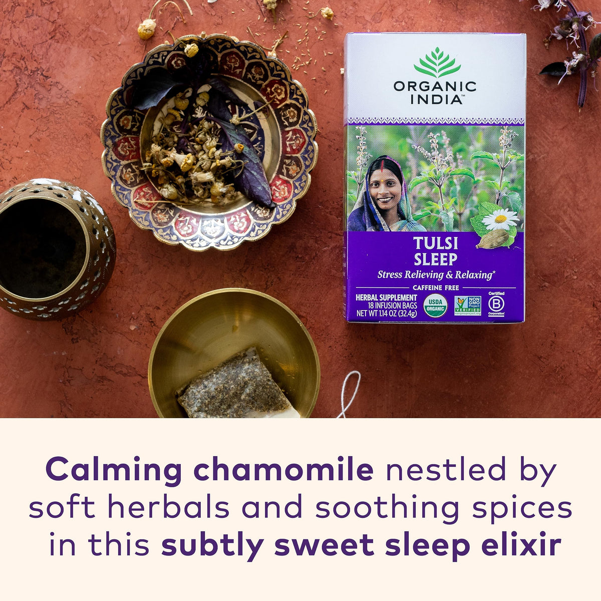 Organic India Tulsi Sleep Tea – Nighttime Herbal Blend with Tulsi, Ashwagandha & Chamomile | Caffeine-Free, USDA Organic, 18 Bags, 6 Pack