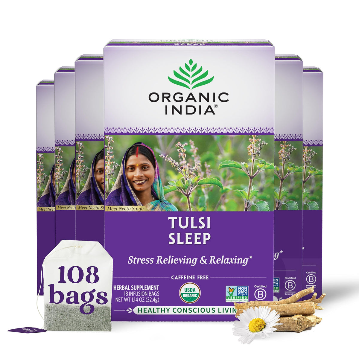 Organic India Tulsi Sleep Tea – Nighttime Herbal Blend with Tulsi, Ashwagandha & Chamomile | Caffeine-Free, USDA Organic, 18 Bags, 6 Pack