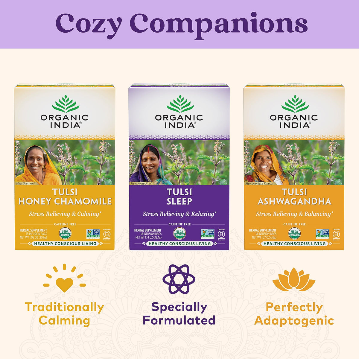 Organic India Tulsi Sleep Tea – Caffeine-Free Bedtime Herbal (18 Bags, 3 Pack)