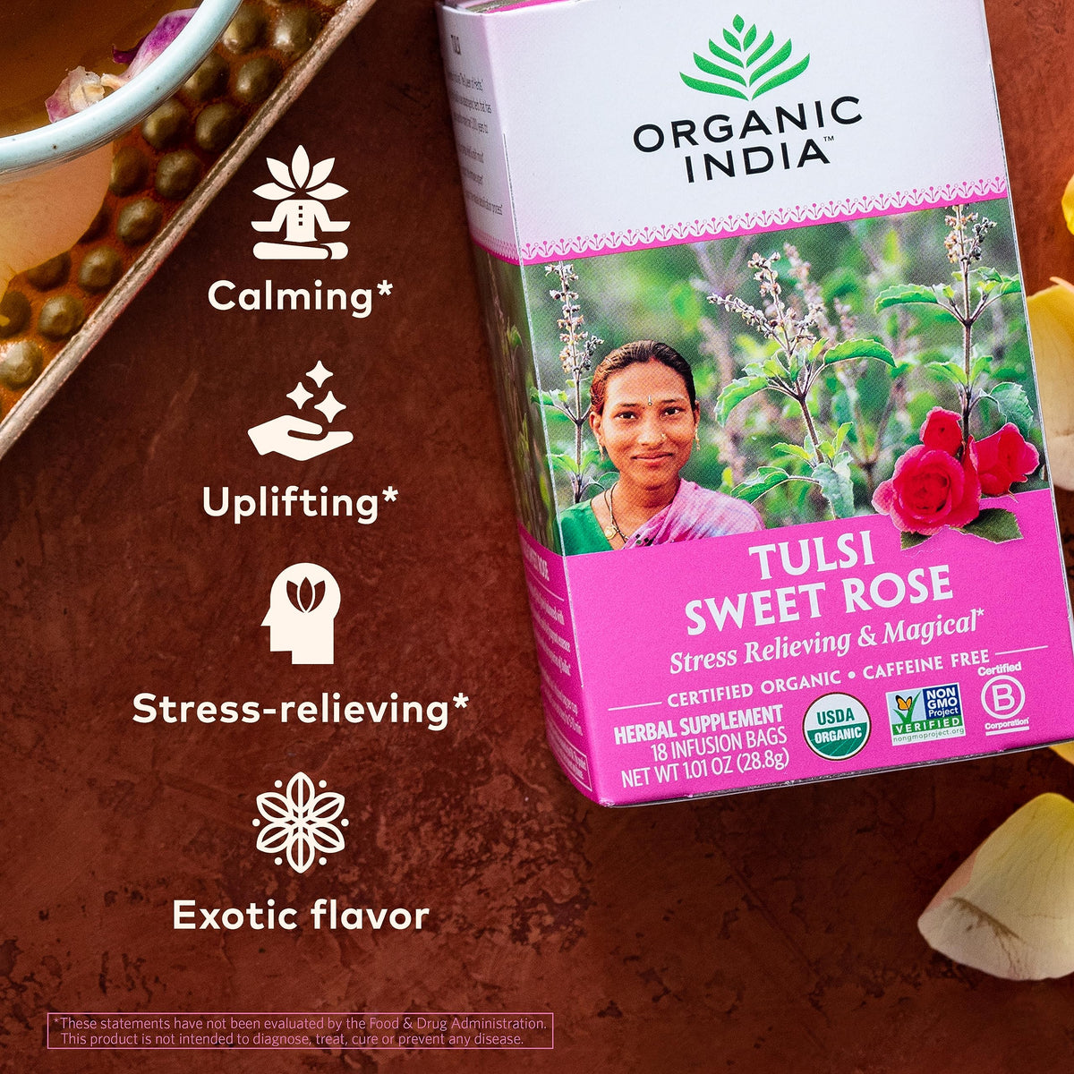 Organic India Tulsi Sweet Rose Herbal Tea – Caffeine-Free, Stress Relief & Immune Support | 18 Bags x 6 Pack