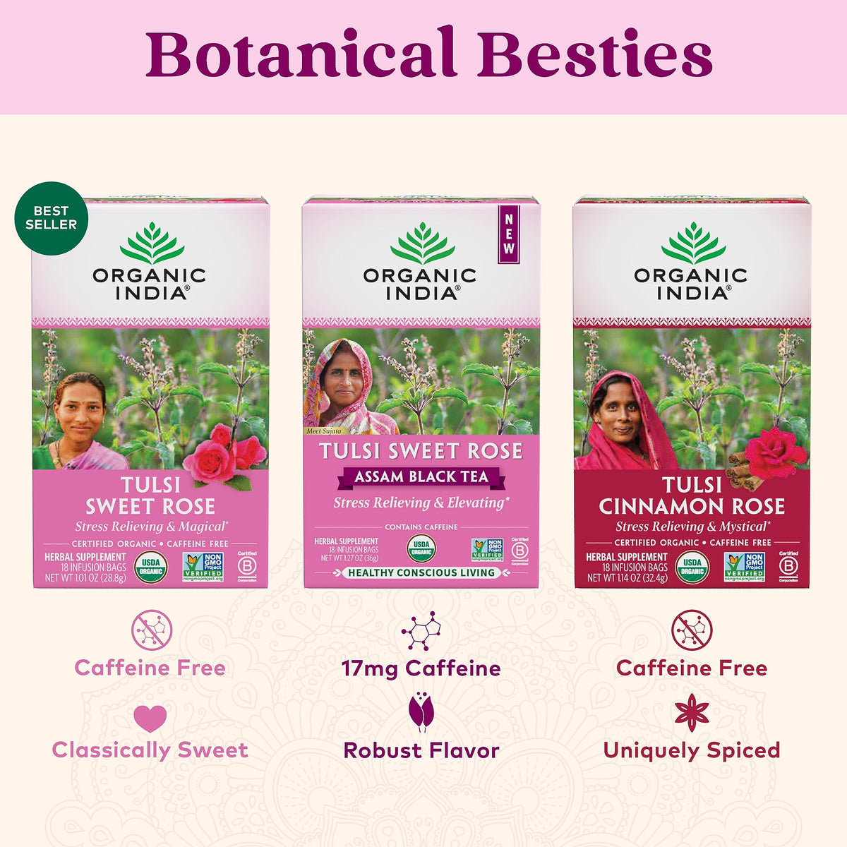Organic India Tulsi Sweet Rose Herbal Tea – Caffeine-Free Tulsi Blend with Rose & Chamomile, USDA Organic, 18 Infusion Bags (6 Pack)