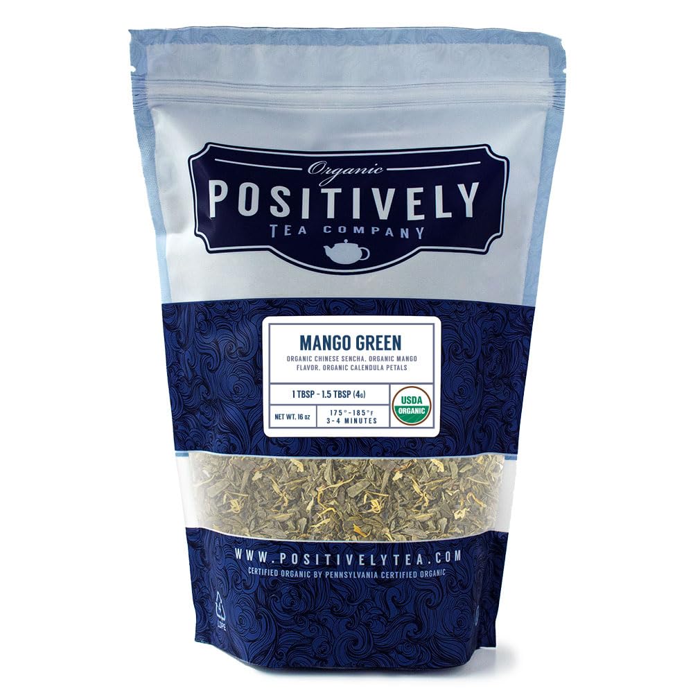 Organic Positively Tea Company Mango Green – Loose Leaf Green Tea, 16 oz