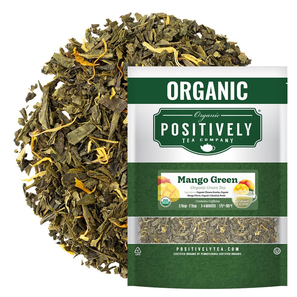 Organic Positively Tea Company Mango Green – Loose Leaf Green Tea, 16 oz