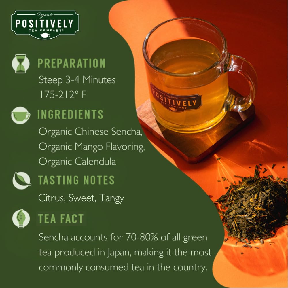 Organic Positively Tea Company Mango Green – Loose Leaf Green Tea, 16 oz