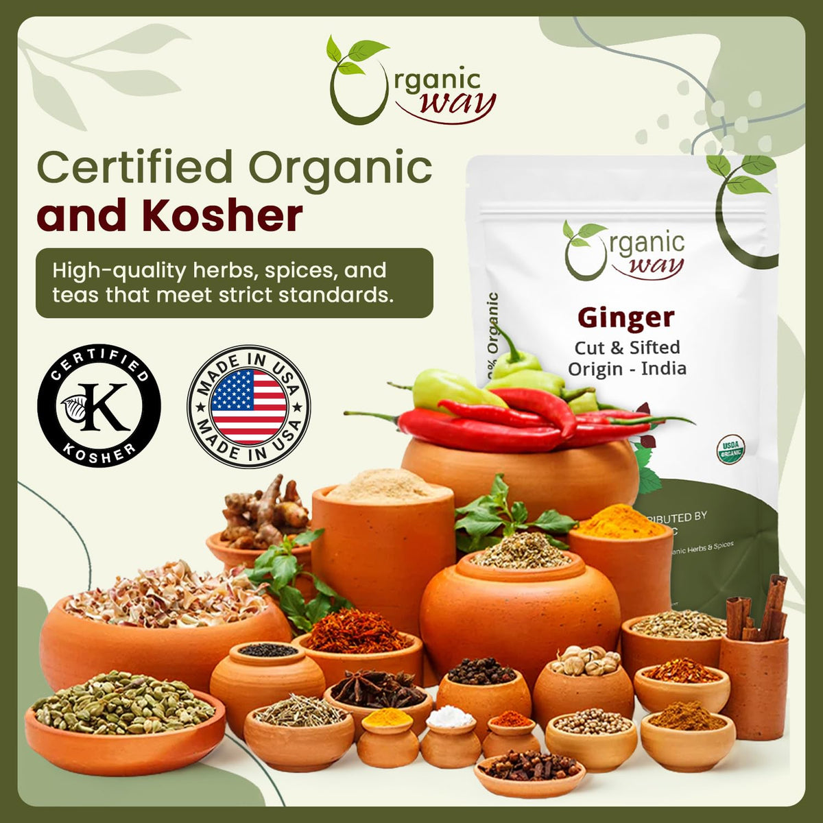 Organic Way Ginger Root Cut & Sifted – 1lb, Organic, Gluten Free