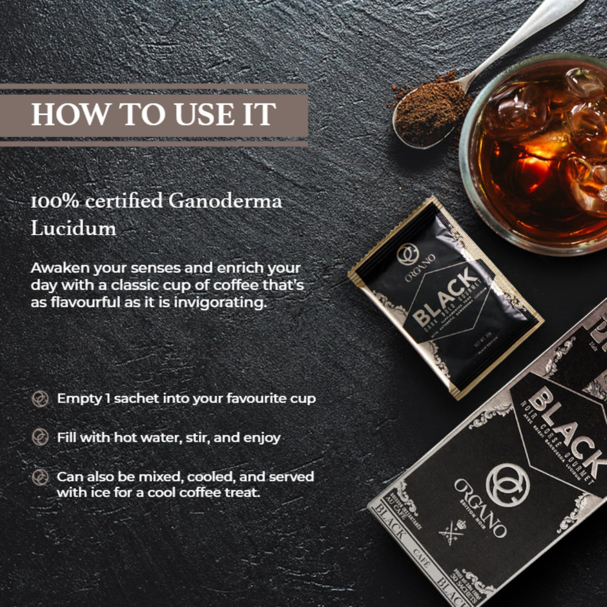 ORGANO Gourmet Black Coffee with Organic Ganoderma Lucidum – 3 Boxes, 90 Sachets
