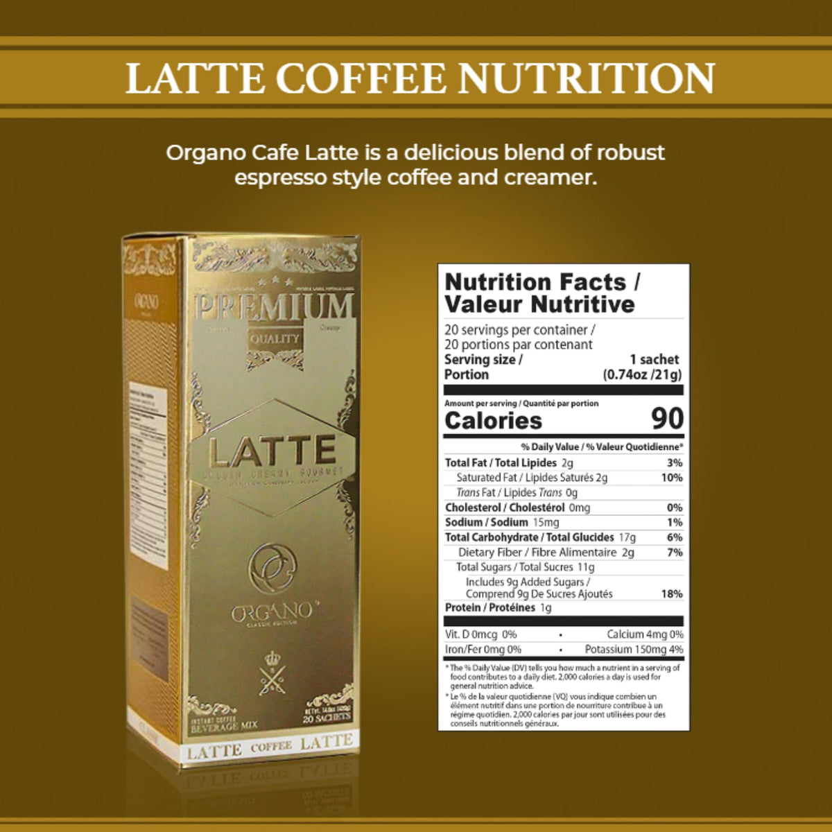 ORGANO Gourmet Cafe Latte – Certified Ganoderma Lucidum, 20 Sachets