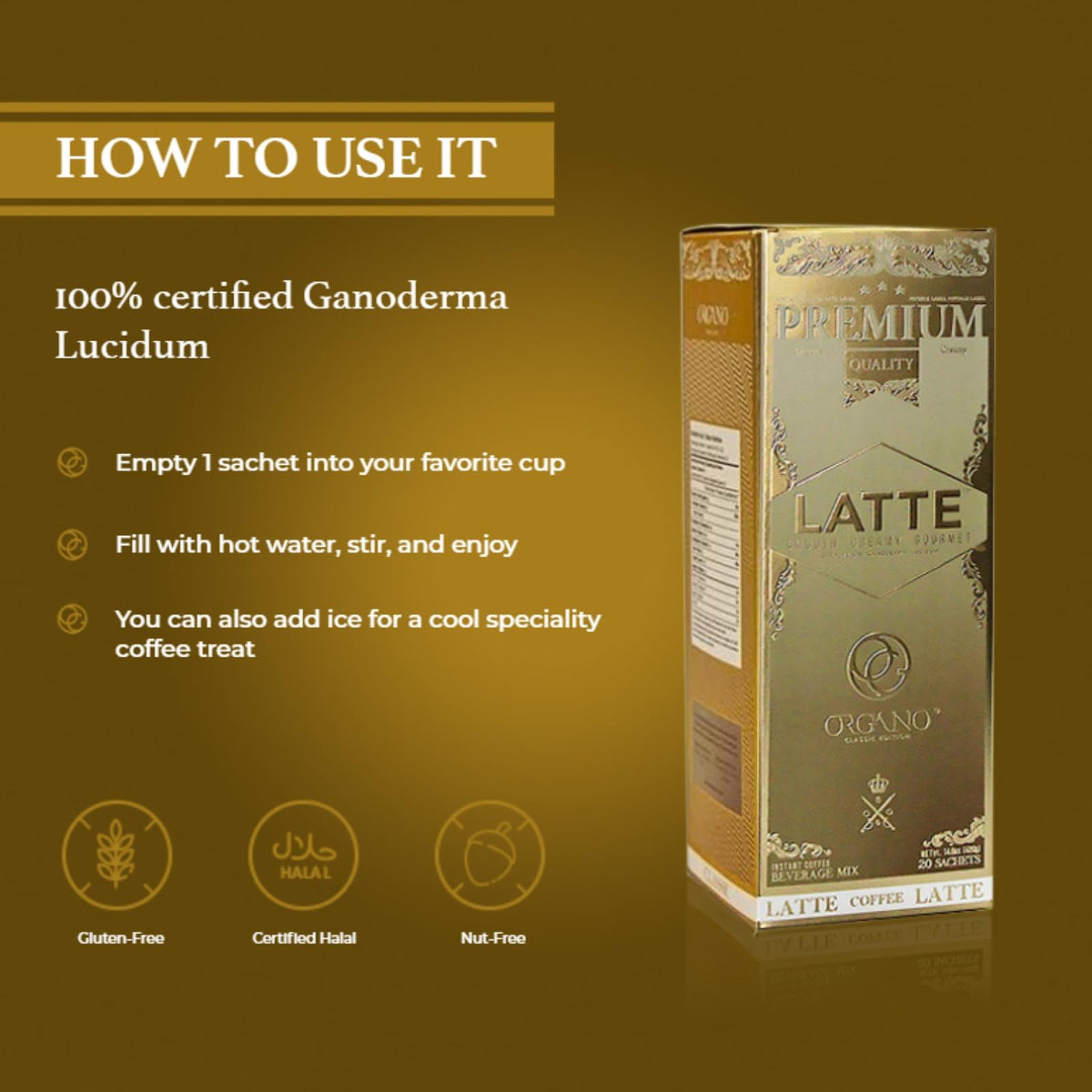 ORGANO Gourmet Cafe Latte – 2 Boxes, 40 Sachets, 100% Ganoderma Lucidum