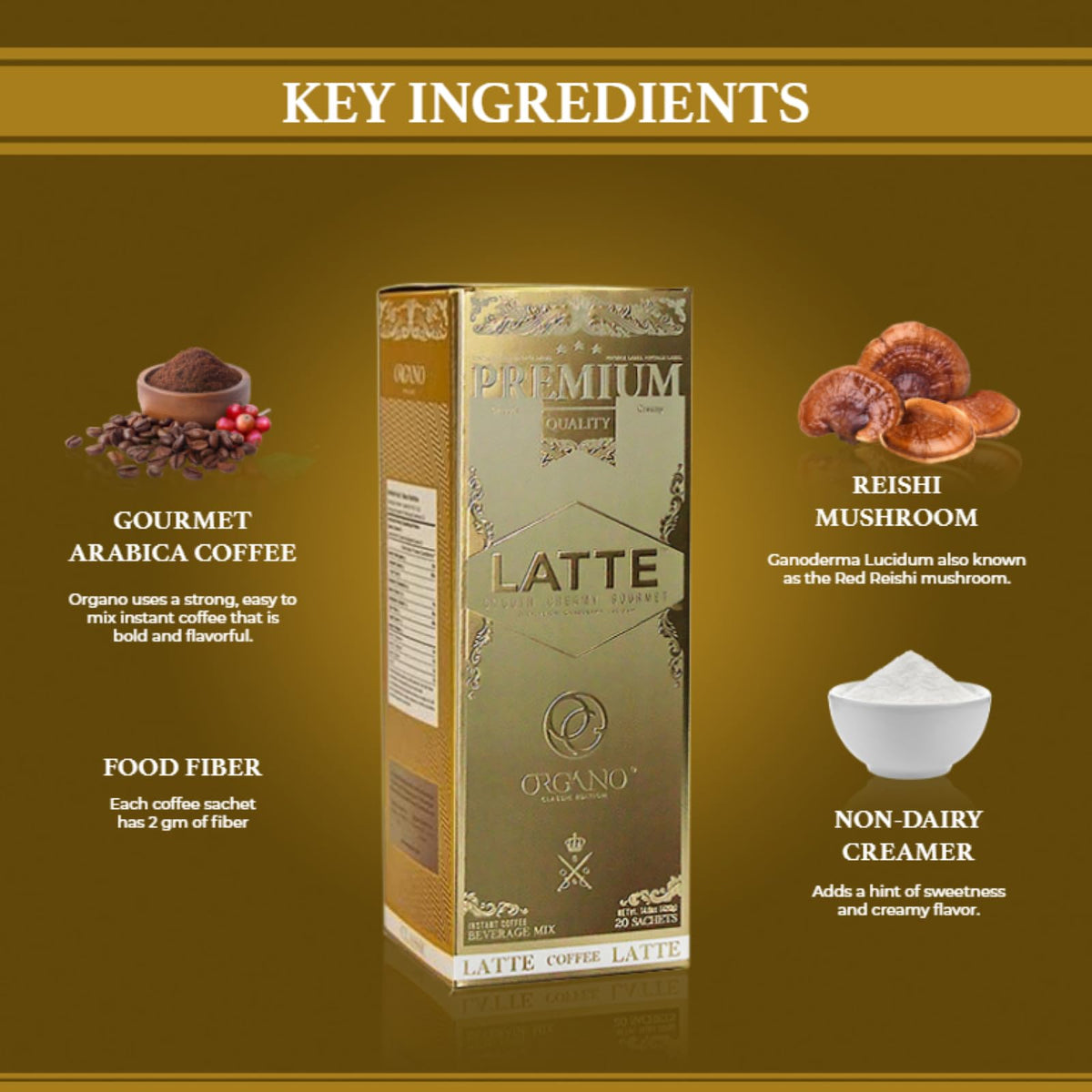 ORGANO Gourmet Cafe Latte – 4 Boxes, 80 Sachets, 100% Certified Ganoderma Lucidum