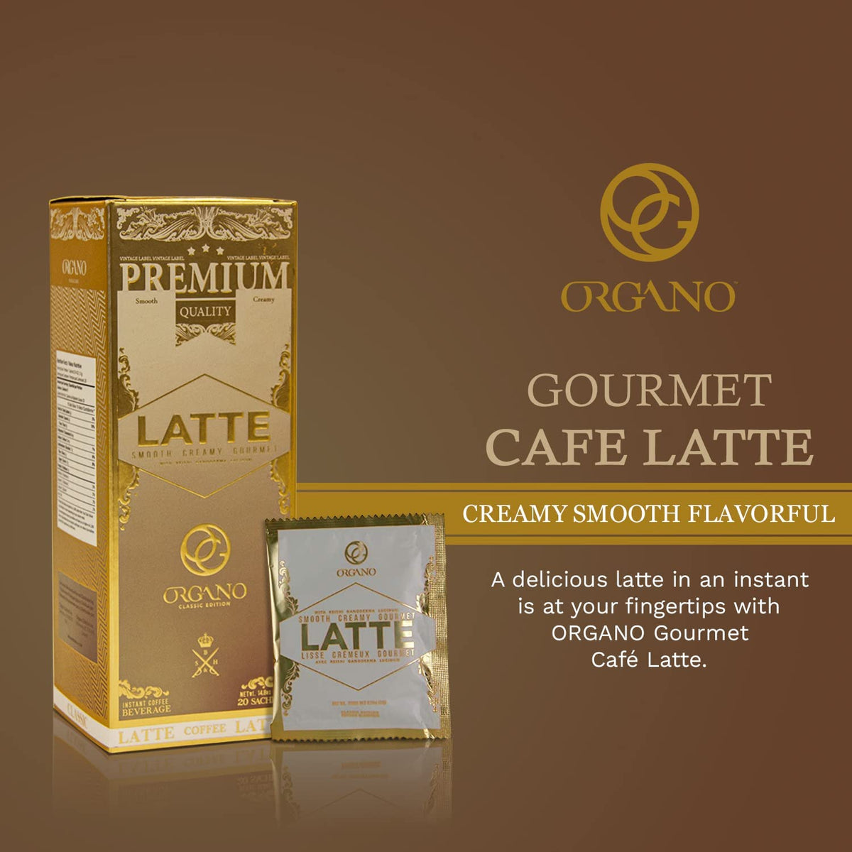 ORGANO Gourmet Cafe Latte – 3 Boxes, 60 Sachets, 100% Certified Ganoderma Lucidum