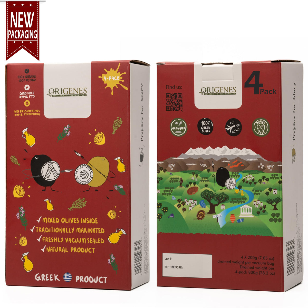 ORIGENES Mixed Olives Pack – Kalamon & Green Olives in Lemon-Oregano EVOO 4x200g