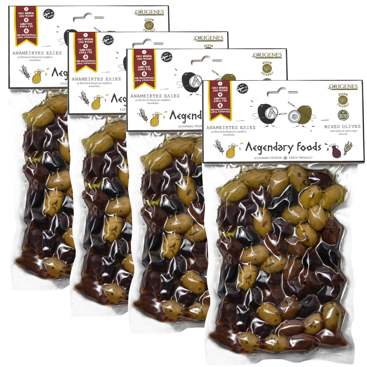 ORIGENES Mixed Olives Pack – Kalamon & Green Olives in Lemon-Oregano EVOO 4x200g