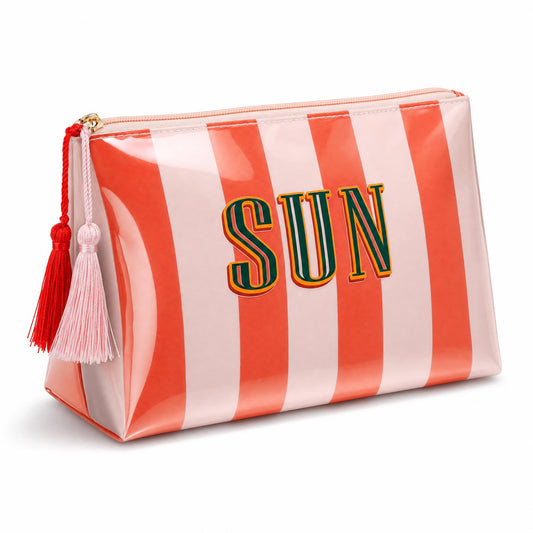 Ovwqt Waterproof Striped PVC Makeup Bag small, Cosmetic Zipper Pouch Travel Toiletry Organizer, Beach Pool Summer Vacation Essentials Gift for Women Girls(Pink-Orange-SUN)