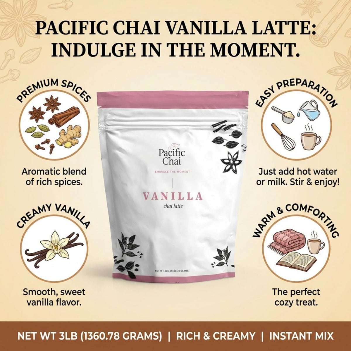 Pacific Chai Vanilla Chai Latte Mix | Instant Latte Powder (3 lb), Gluten Free & Kosher