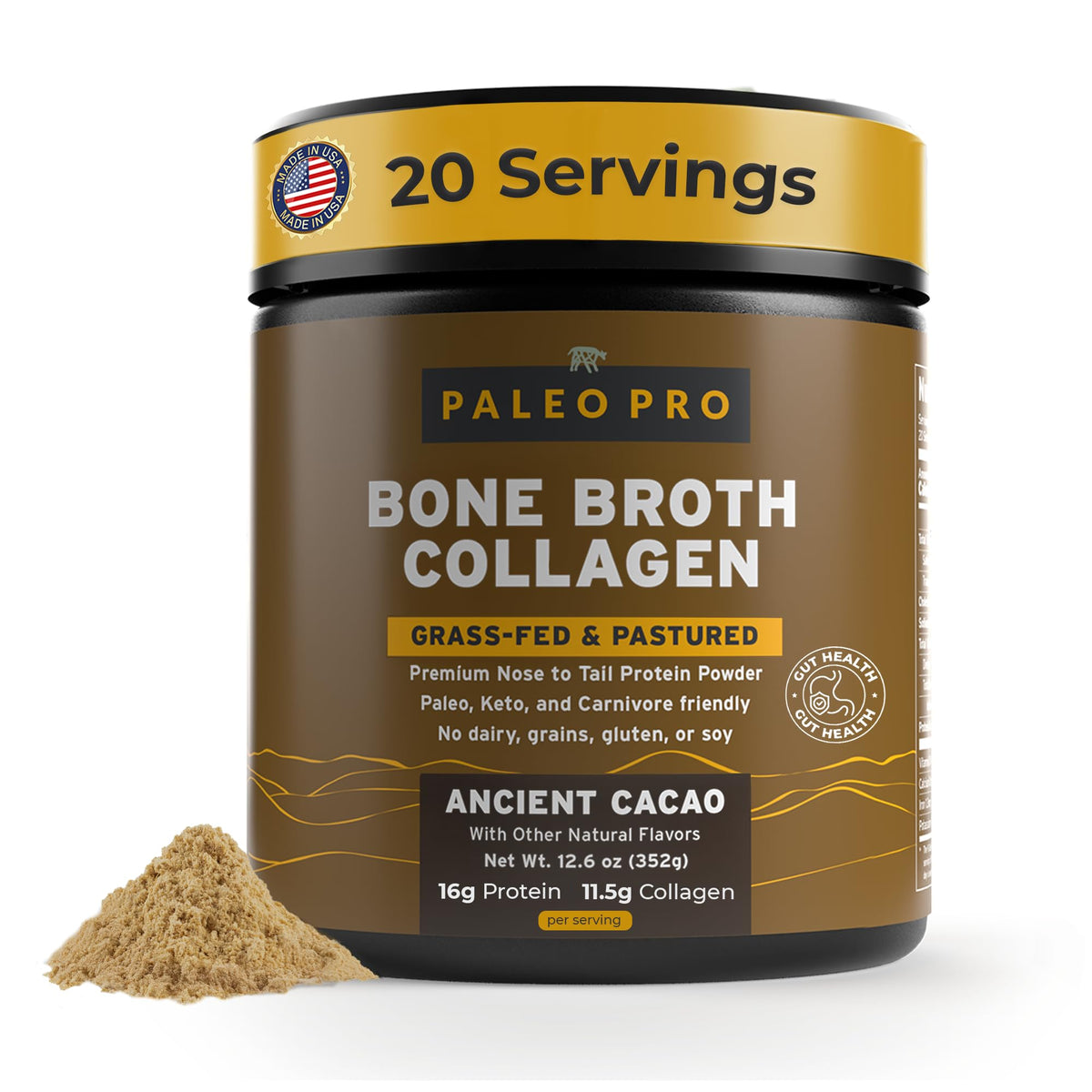 Paleo Pro Bone Broth Collagen Protein Powder – Turmeric Root, Grass-Fed, Gluten Free, No Sugar | Ancient Cacao 20 Servings