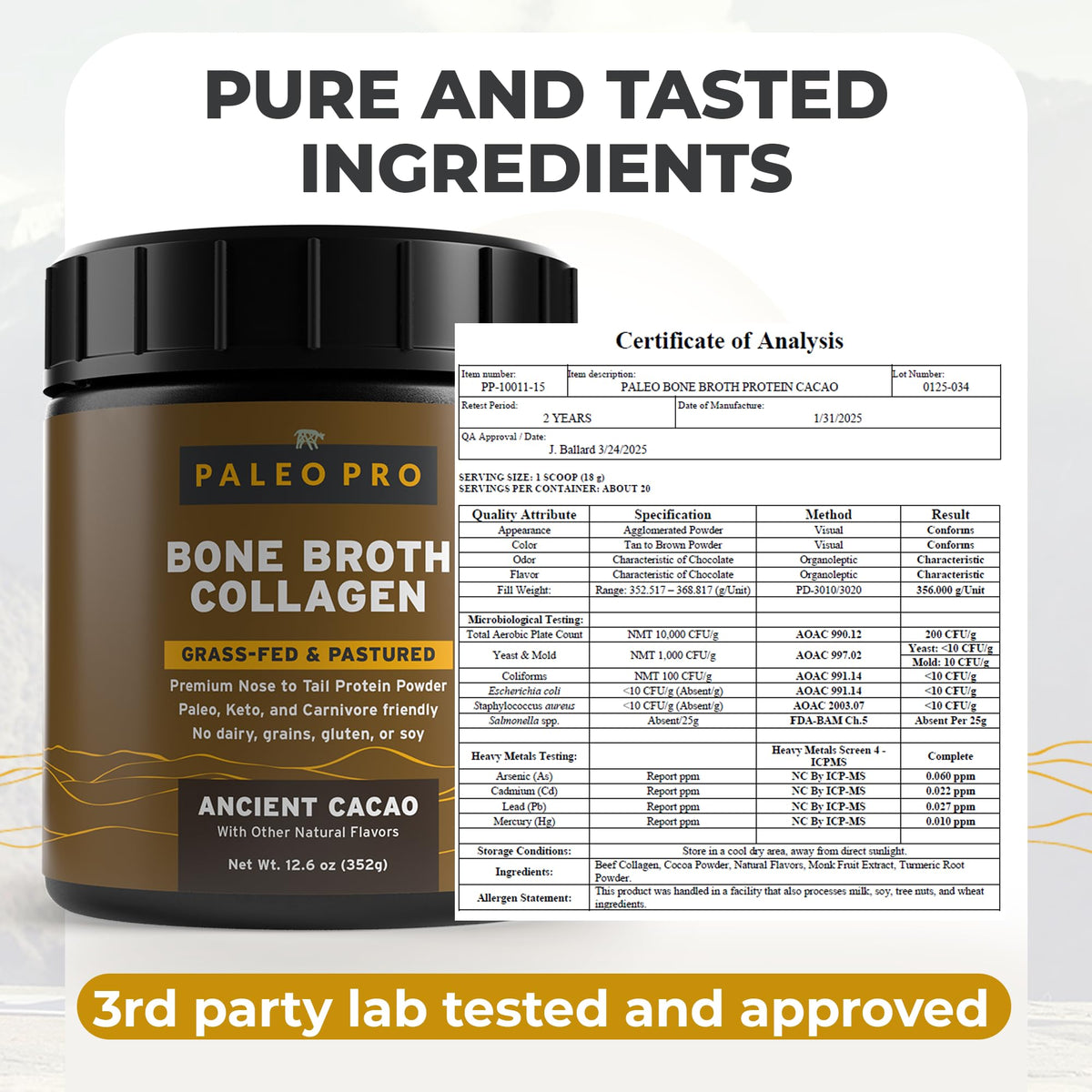 Paleo Pro Bone Broth Collagen Protein Powder – Turmeric Root, Grass-Fed, Gluten Free, No Sugar | Ancient Cacao 20 Servings