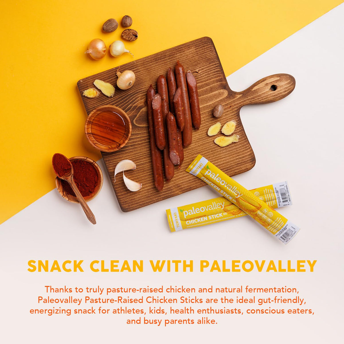 Paleovalley Pasture-Raised Chicken Sticks – Teriyaki, 10 Pack | 7g Protein per Stick | Keto, Paleo, Gluten-Free, Nitrate-Free