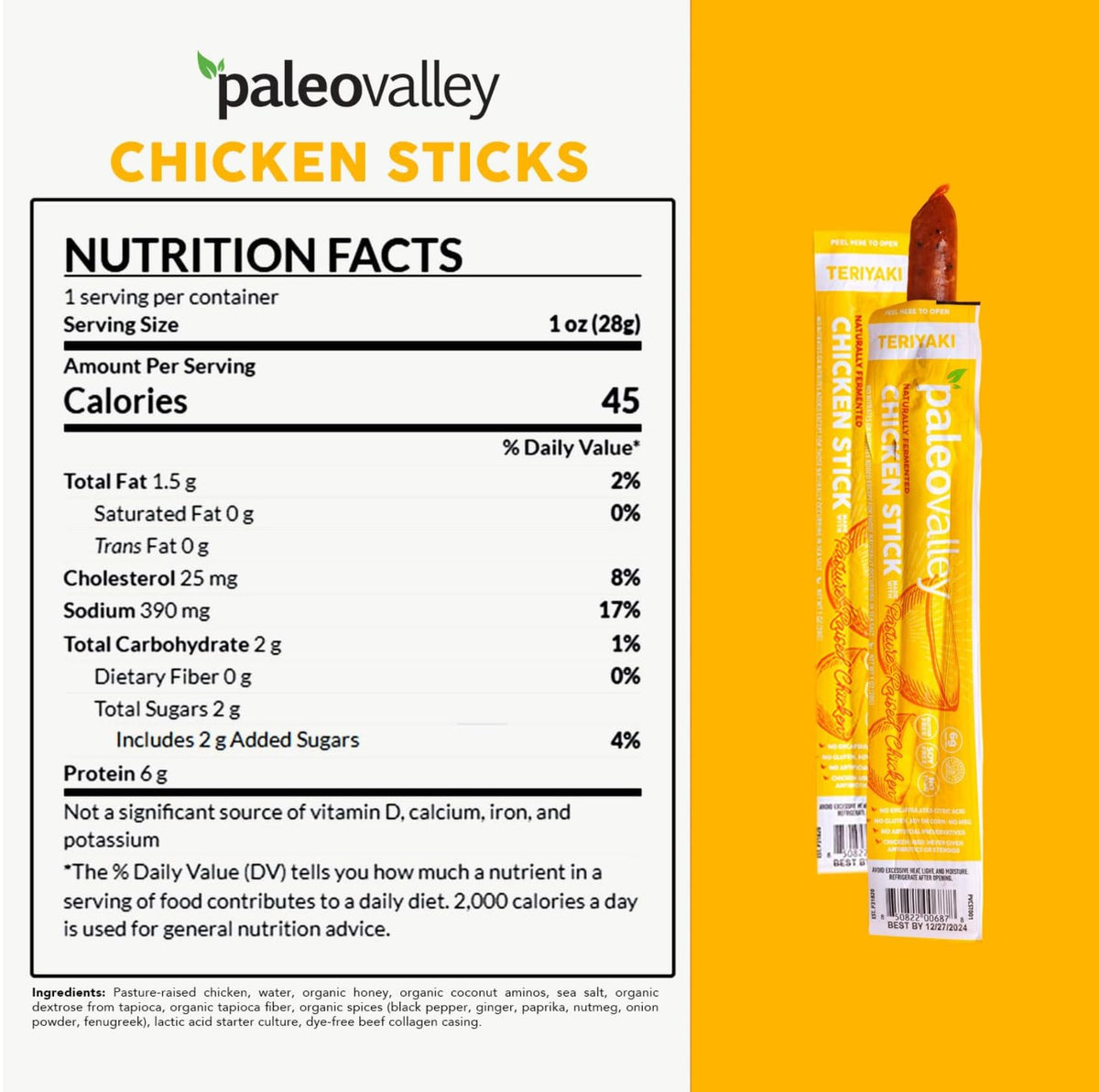 Paleovalley Pasture-Raised Chicken Sticks – Teriyaki, 10 Pack | 7g Protein per Stick | Keto, Paleo, Gluten-Free, Nitrate-Free