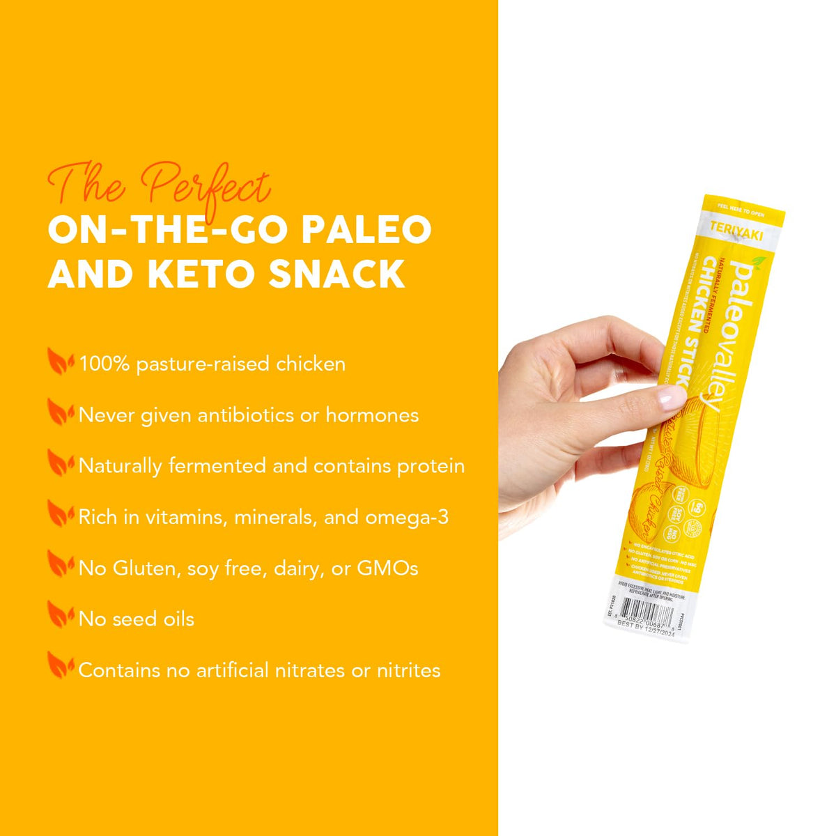 Paleovalley Pasture-Raised Chicken Sticks – Teriyaki, 10 Pack | 7g Protein per Stick | Keto, Paleo, Gluten-Free, Nitrate-Free