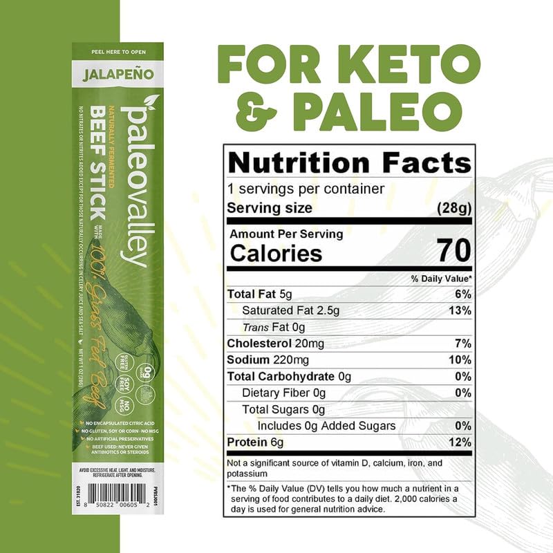 Paleovalley 100% Grass Fed Jalapeno Beef Sticks – Gluten Free, High Protein Keto Snack