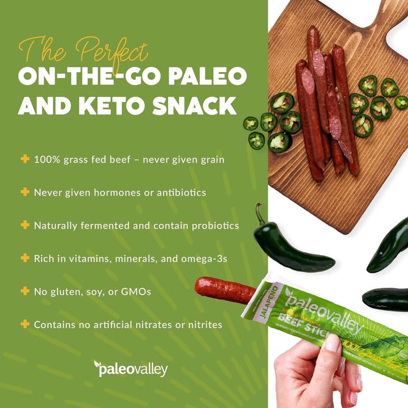 Paleovalley 100% Grass Fed Jalapeno Beef Sticks – Gluten Free, High Protein Keto Snack