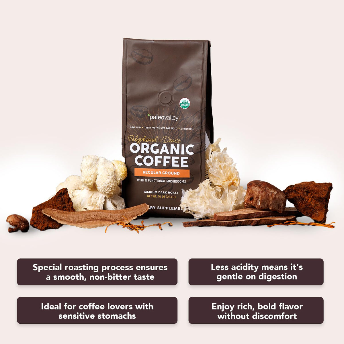Paleovalley Organic Ground Coffee, 10oz – Low-Acid, Single-Origin, Mushroom-Infused