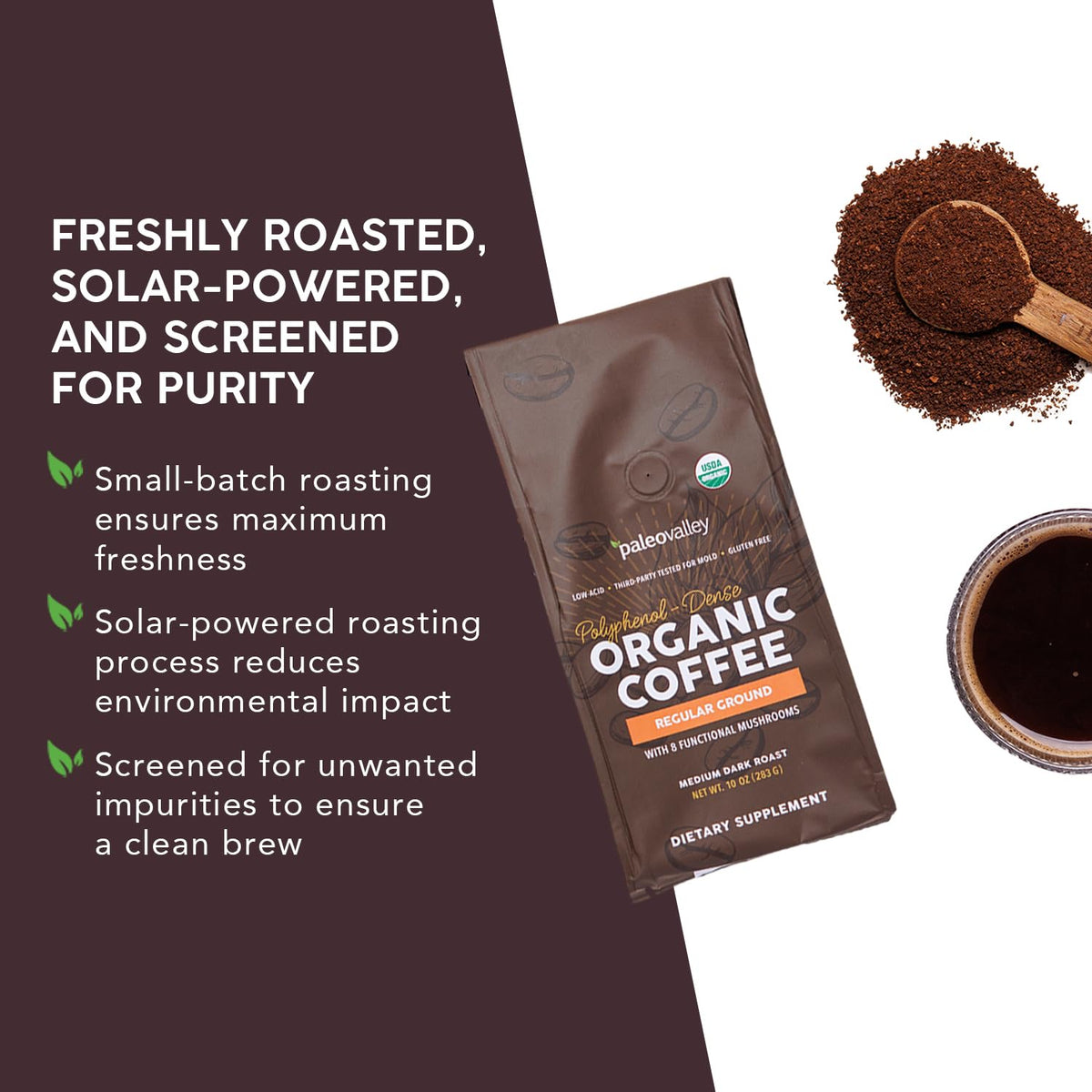 Paleovalley Organic Ground Coffee, 10oz – Low-Acid, Single-Origin, Mushroom-Infused