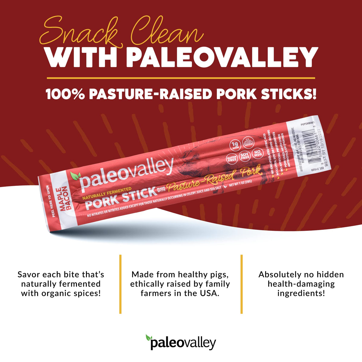 Paleovalley Pasture-Raised Pork Sticks – Maple Bacon (Gluten-Free)