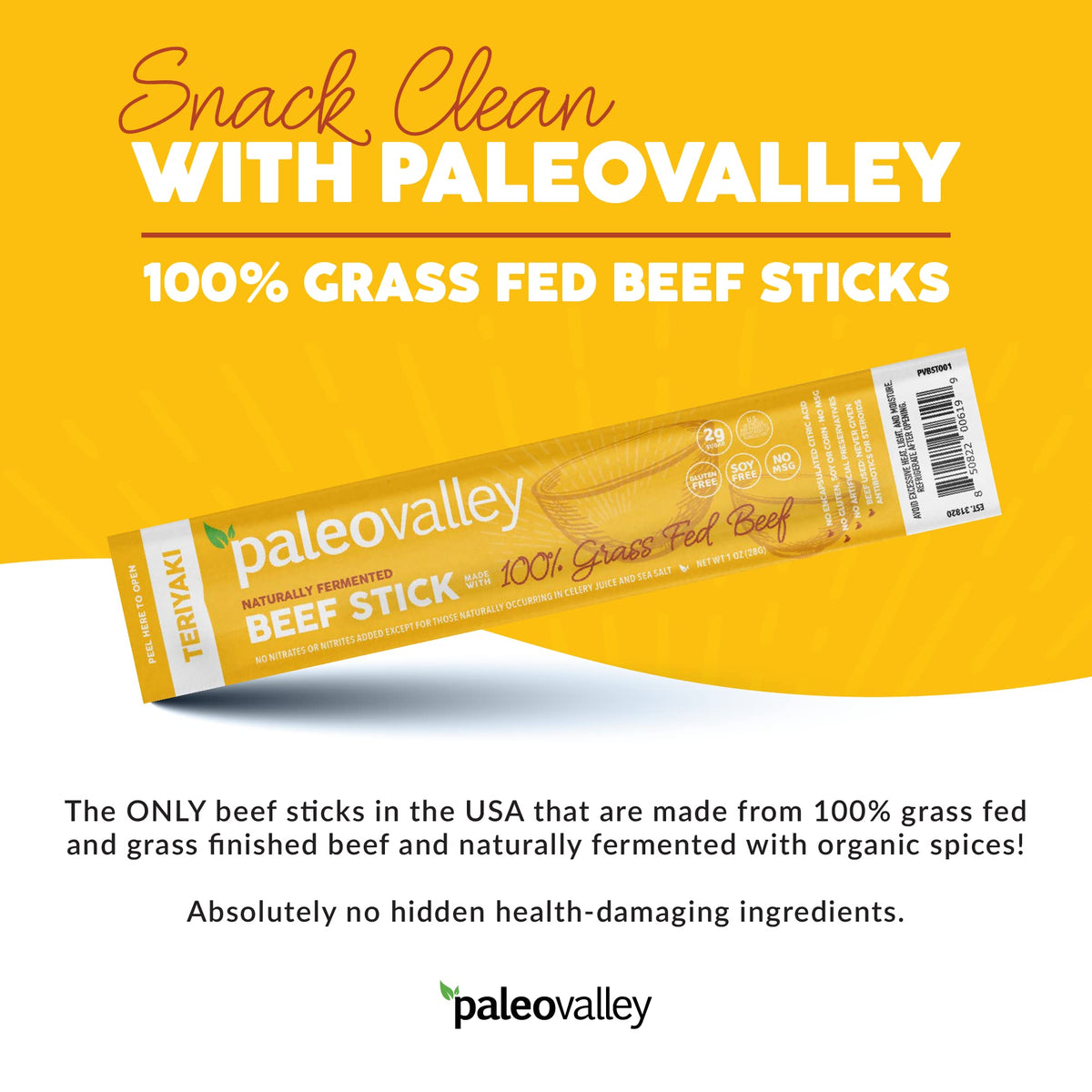 Paleovalley 100% Grass Fed Teriyaki Beef Sticks | Gluten Free, High Protein Keto Snack