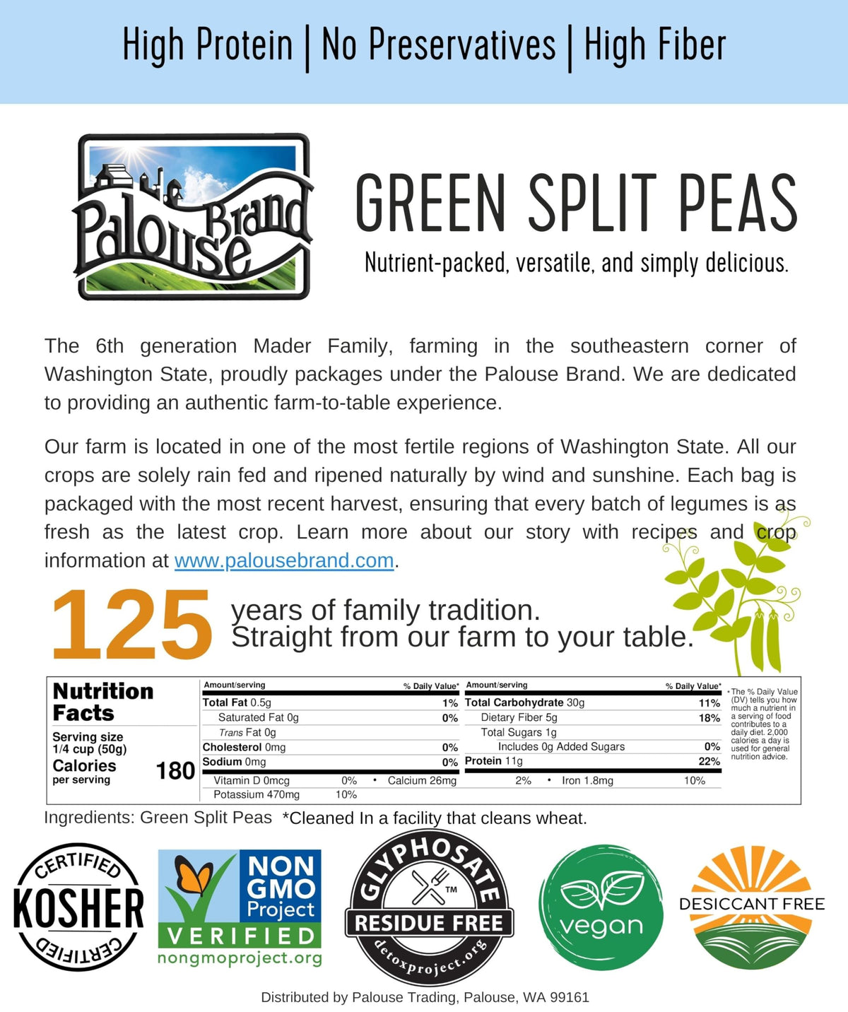 Palouse Brand Green Split Peas – Glyphosate Residue Free, 5 lb, Non-GMO, Kosher