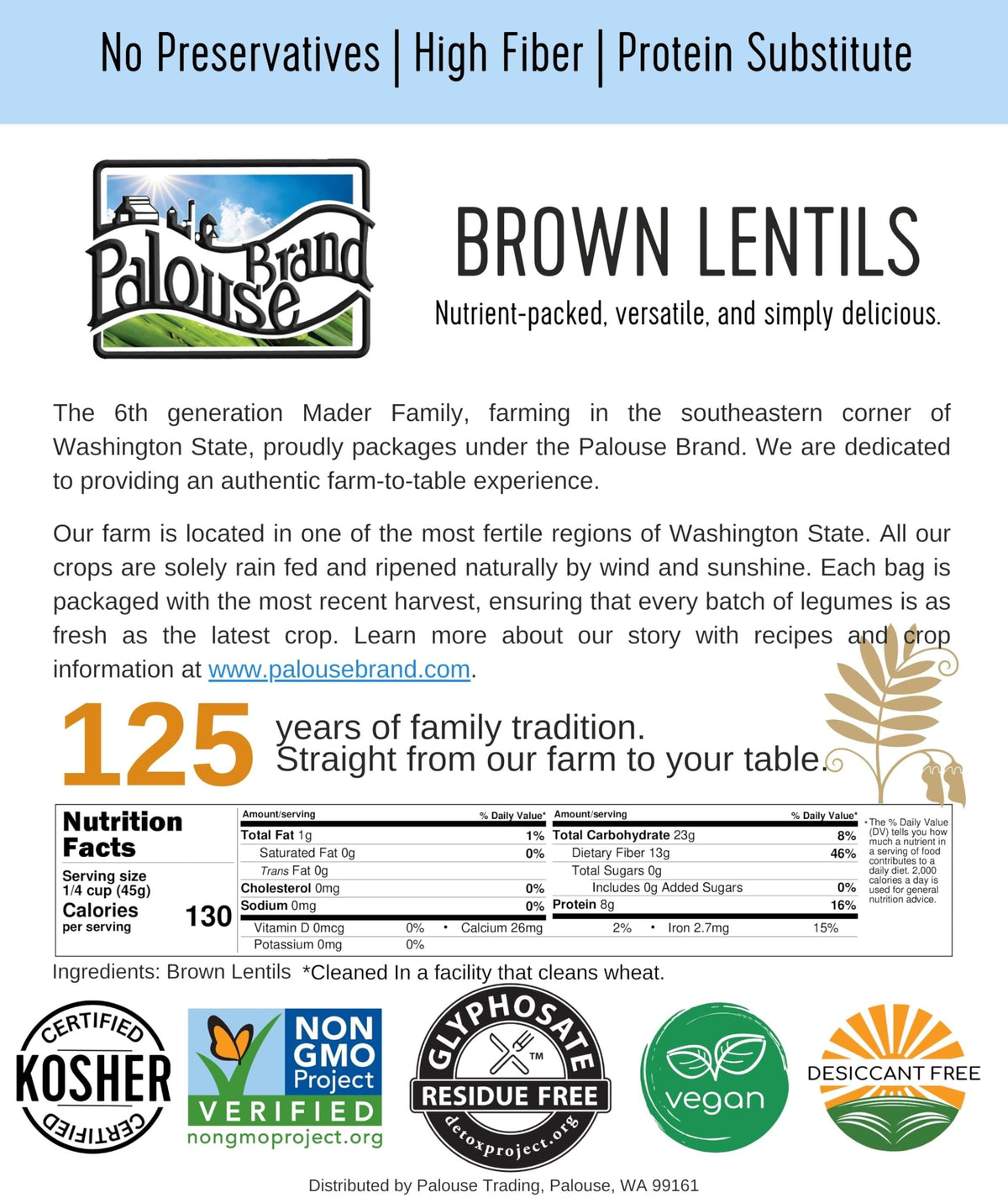 Palouse Brand Glyphosate Residue Free Brown Lentils – 5 LBS, Non-GMO, Kosher