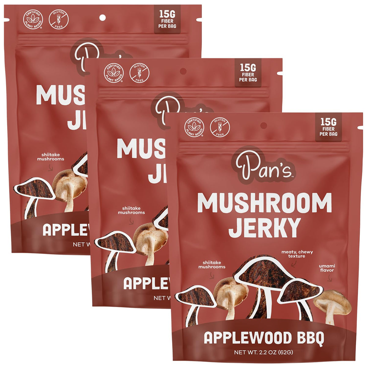Pan's Mushroom Jerky – Applewood BBQ, Vegan, Gluten-Free, High-Fiber Snack (3 x 2.2 oz)