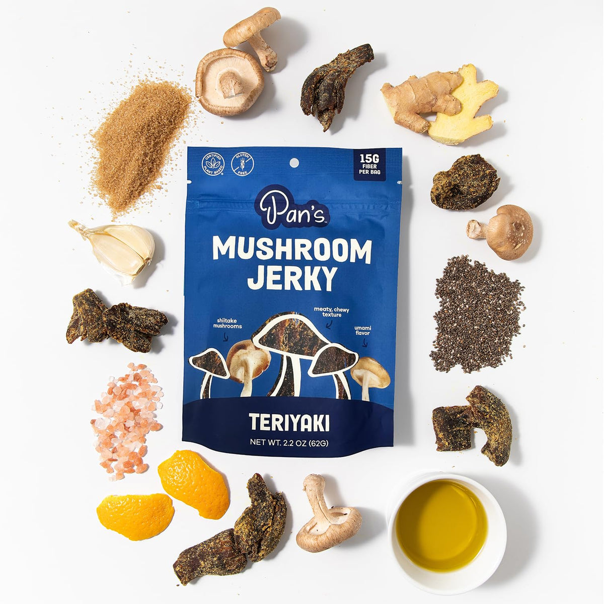Pan's Mushroom Jerky | Vegan Shiitake Snack, Teriyaki, Gluten Free, High Fiber (2.2 oz x 3)