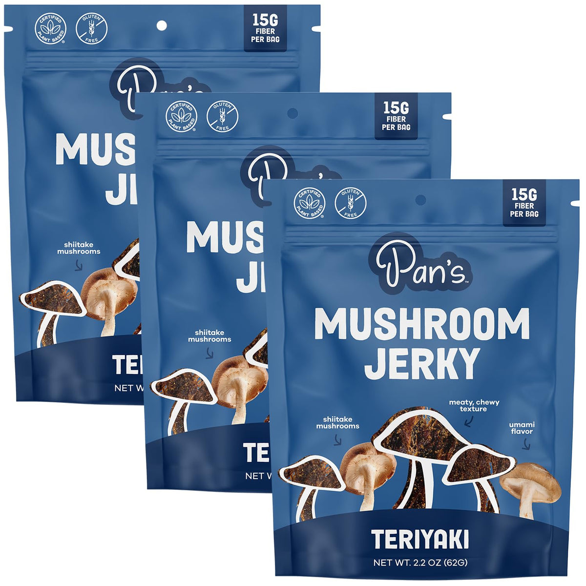 Pan's Mushroom Jerky | Vegan Shiitake Snack, Teriyaki, Gluten Free, High Fiber (2.2 oz x 3)