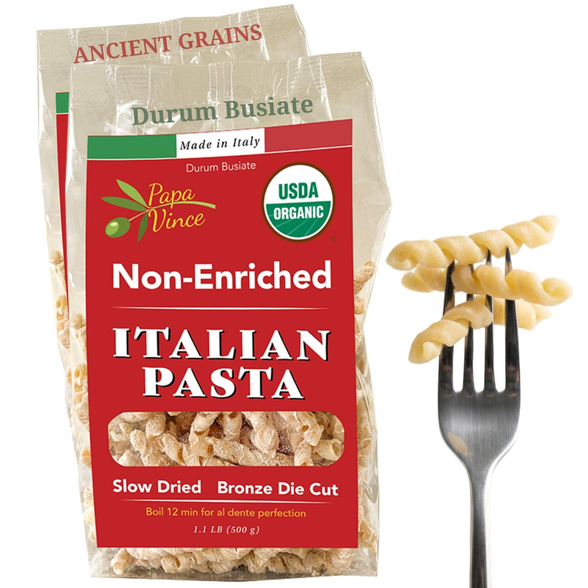 Papa Vince Organic Non Enriched Pasta — Ancient Sicilian Durum Busiate, Slow-Dried Bronze Die-Cut