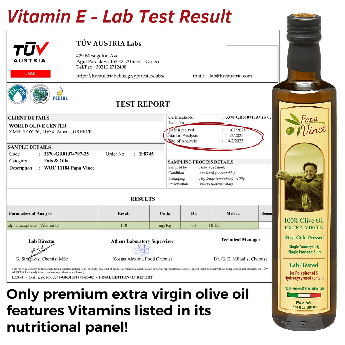 Papa Vince Olive Oil Extra Virgin – First Cold Press, Polyphenol Rich, Sicilian Harvest 2024/25