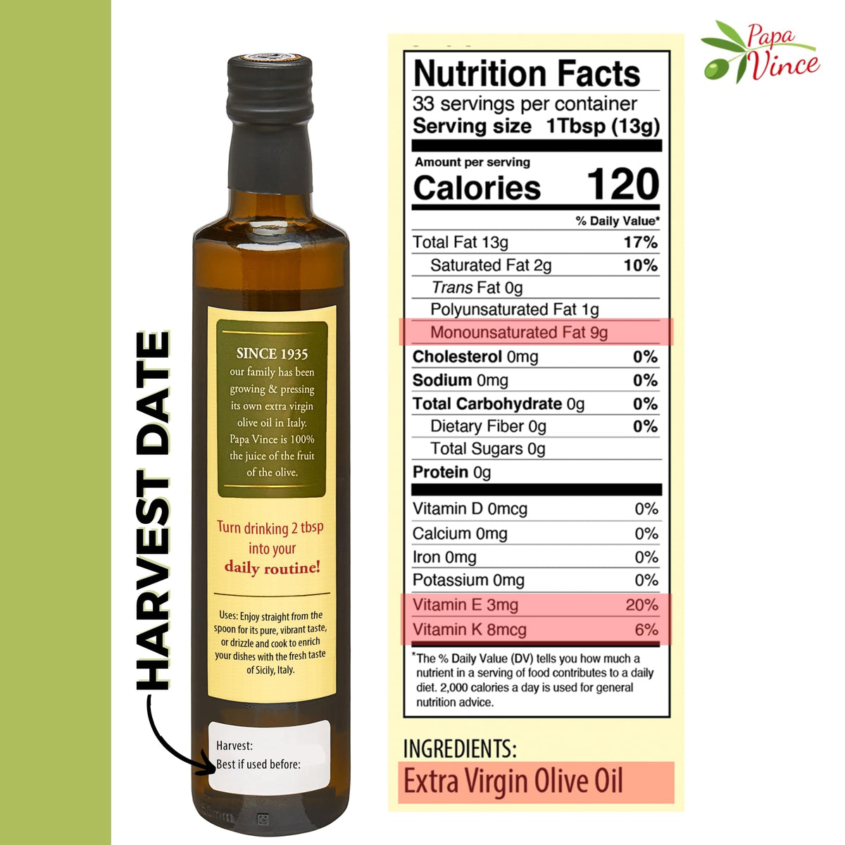 Papa Vince Olive Oil Extra Virgin – First Cold Press, Polyphenol Rich, Sicilian Harvest 2024/25